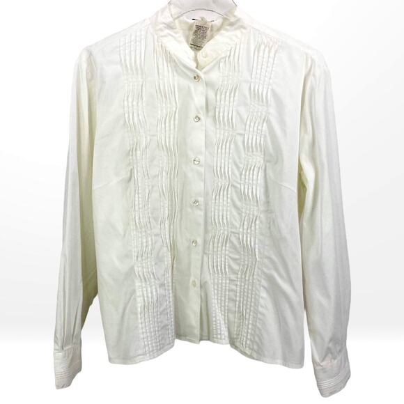 90s NARA CARMICIE Vintage White Pin Tuck Mandarin Collar Button Up - Picture 1 of 8